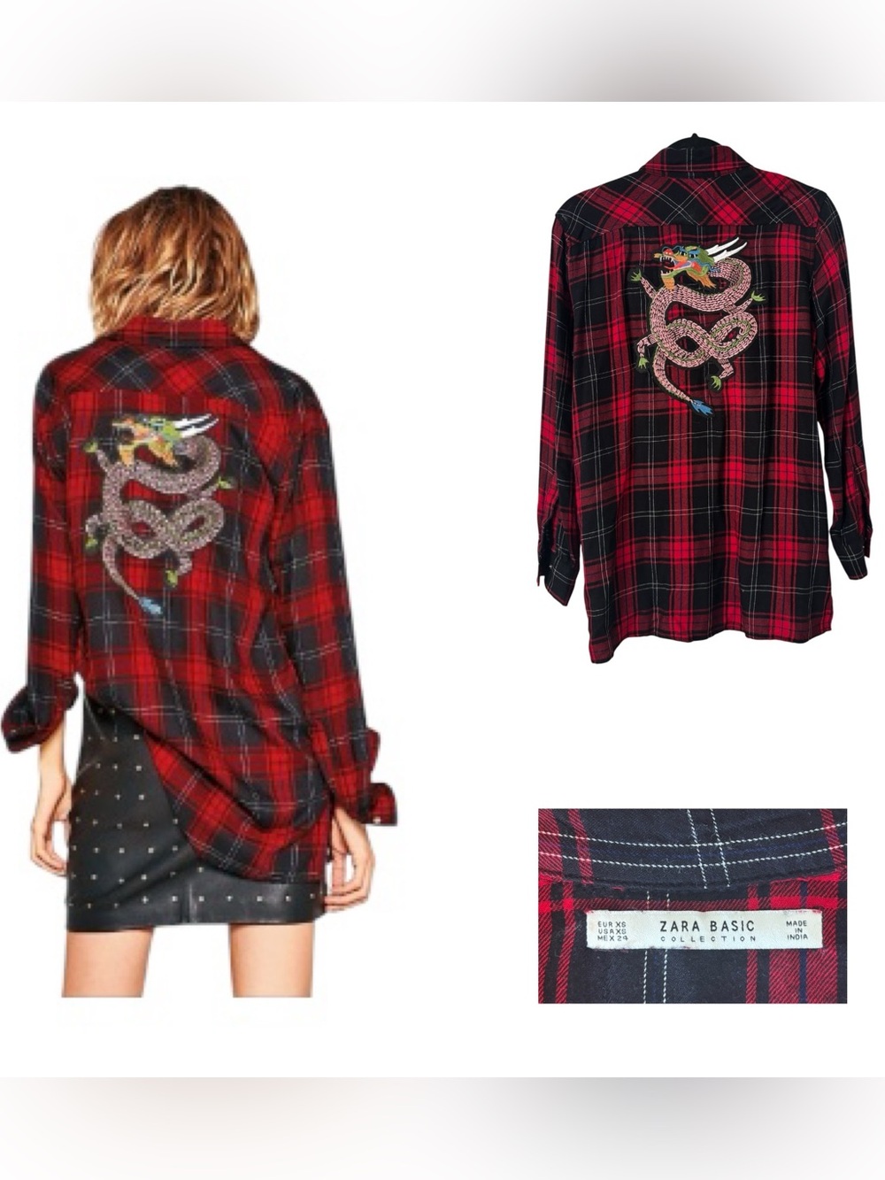 Zara Dragon Plaid Button Down Shirt Dress